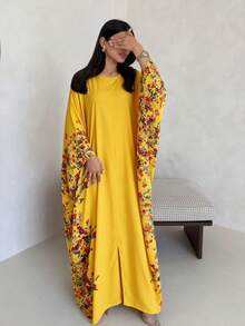 1pc Floral Print Batwing Sleeve Loose Long Dress, Casual Slouchy, Women's Muslim Dubai Style Robe - Multicolor - View 10