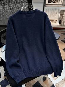 Áo cardigan len dệt kim nữ cổ tròn màu xanh navy, dáng rộng thoải mái, cài nút đơn, kiểu áo khoác len slouchy cho mùa xuân thu mới - Xanh đậm - Xem 2