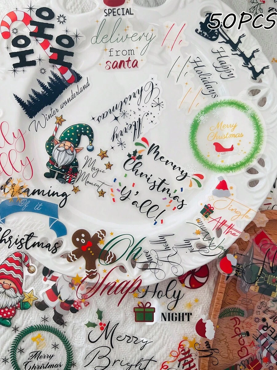 50pcs Christmas Stickers Minimalist Text & Line Decoration For Luggage, Laptop, Scrapbook, Diary, DIY Skateboard, Guitar, Helmet, Water Cup, Holiday Gift Decals