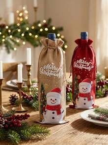 2/1pc Christmas Wine Bottle Bag With Snowman Print, Faux Linen Drawstring Wine Gift Bags For Holiday Dinner Table Decor And Festive Party Gift Wrapping - Multicolor - View 1