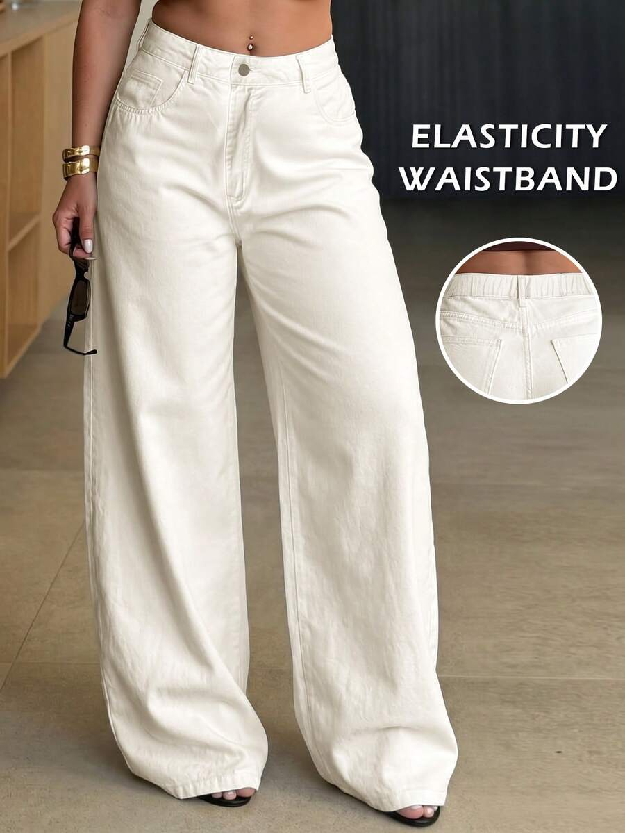 Celana Jeans Wanita Ukuran Besar Pinggang Tinggi Kaki Lebar, Warna Putih Gading, Tidak Melar, untuk Musim Gugur/Dingin, dengan Karet Pinggang. - Putih - View 1