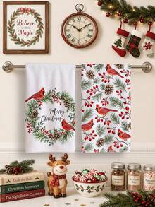 2 buah Handuk Dapur Motif Ranting Pinus Musim Dingin, Kerucut Pinus & Burung Kardinal Merah, Handuk Teh Mikrofiber Lembut 40*60cm, Cocok Untuk Dapur Rumah, Restoran, Berkemah di Luar Ruangan, Membersihkan Meja, Kain Lap Piring, Aksesori Handuk Tangan, Perlengkapan Dapur Tema Natal, Hadiah Liburan - MultiWarna - View 4