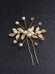 Handmade Faux Pearl Leaf U-Shaped Hair Fork, Gold & Silver Rhinestone Hair Pin, Bridal Wedding Dress Updo Hair Accessory For Party And Banquet Styling - Faux Pearl Hair Fork - View 6