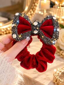 Velvet Bow Hair Scrunchie, Star Rhinestone Ponytail Holder, High Quality Hair Accessory For Women, Great For Daily Look, Party, Fall & Winter - Multicolor - View 6