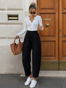 Black Elastic High Waist Pleated Harem Pants, Casual Loose Cropped Pants - Black - View 1