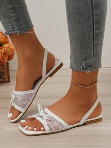 New Elastic Band Elegant Lace Mesh Bowknot Decor Slip-On Round Toe Flat Sandals Women's Summer Vacation Beach Sandals - White - View 4