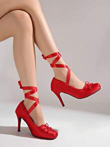 2026 Spring/Summer Women's Satin Bow Square Toe Lace-Up Ankle Strap Stiletto Heel Backless Mule High Heel Sandals - Red - View 2