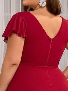 Plus Size Women's Chiffon Slit Ruffle Short Sleeve Elegant Bridesmaid Dress - Burgundy - View 9