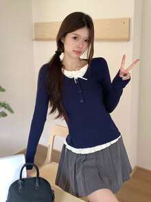 Spring New Ballet Style Sweet Knitted Long Sleeve T-Shirt Slimming Inner Layer Top - Navy Blue - View 1