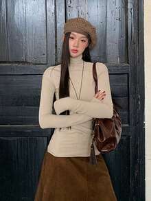 Autumn/Winter Solid Color Long Sleeve Turtleneck T-Shirt - Apricot - View 2