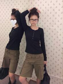 Women's Button Half Placket Versatile Long Sleeve T-Shirt For Vacation & Travel - Black - View 8
