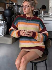Just Masa Women's Fall Casual Multi-Striped Colorblock Sweater Tops,Loose Long Sleeve Round Neck Rib-Knit Pullover,For Daily Wear,Going Out,Christmas - Colorful Stripes - View 9