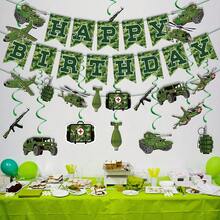 This 33-Piece Camouflage Birthday Party Set Includes 15 Triangular Flags, 9 Hanging Spiral Decorations, 8 Small Flags, And 1 Large Flag. This Is A Camouflage Tank Themed Party Set, Perfect For Birthday And Indoor Or Outdoor Party Decorations. - Multicolor - View 4