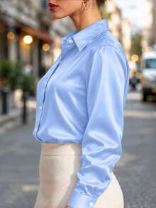 Plus Size Women's Fashion New Arrival Casual Satin Button-Up Shirt Spring - Light Blue - View 3