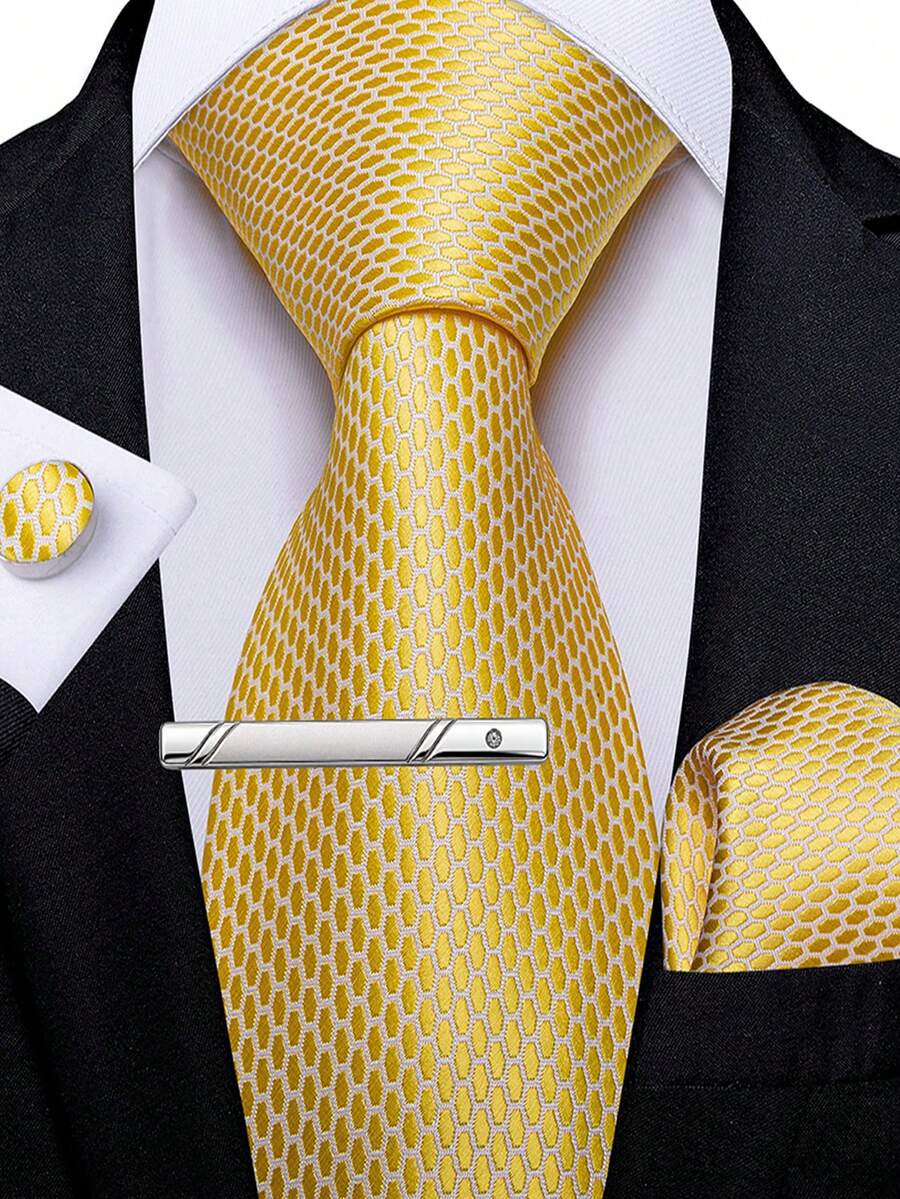 4Pcs Formal Suit Accessory Kit, Yellow Honeycomb Pattern Tie, Pocket Square, Cufflinks & Tie Clip, Random Cufflink Design - Yellow - View 1