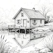 鄉村風情成人著色書，放鬆身心的鄉村小屋風景著色頁，紓壓愛好禮物 - 鄉村木屋 - 查看 6