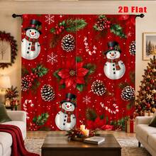 2D Flat Print 2pcs Christmas Snowman, Poinsettia, Holly, Pine Cone And Candy Cane Pattern Curtains, All-Season Use, Machine Washable, Suitable For Bedroom, Living Room, Kitchen And Birthday Party Decoration. No Blackout Or Filtering Function, Curtain Rod Not Included. - A - View 5