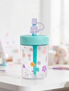 1PC 450ML/480ML Daisy Design Straw Cup For Kids, Fresh Style Student Water Bottle, Dust-Proof Leak-Proof Durable Portable, Suitable For Daily Use - Blue Floral Cup - View 9