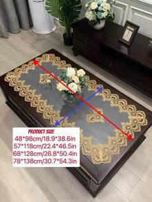 1件波希米亞風聚酯纖維正方形耐熱防塵蕾絲邊網格桌布，適用於日常居家裝飾與節日婚禮派對 - 金色 - 查看 5