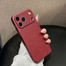1pc Elegant Vintage Artificial Leather Matte Electroplated Phone Case, Compatible With IPhone 18 Pro Max 18 Pro 18 17 16 15 14 13 Pro Max, Large Window Camera, Hard Anti-Scratch Protective Shell, Fashionable Phone Case - Cherry Red - View 3