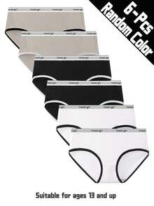 6pcs Teen Girls Solid Color Minimalist Style Breathable Comfortable Daily Wear Triangle Panties, Black/White/Gray - Multicolor - View 1