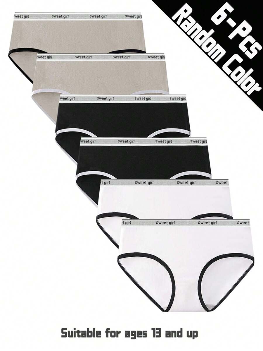 6pcs Teen Girls Solid Color Minimalist Style Breathable Comfortable Daily Wear Triangle Panties, Black/White/Gray - Multicolor - View 1