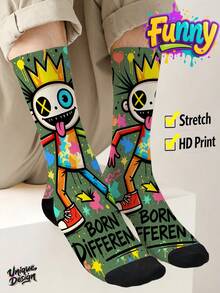 Cool 360° Printed Men's Socks - Streetwear Socks,Rainbow Striped Cartoon,Colorful,Funny, Fit Daily, Holiday & Party Occasions,Graffiti Street Style - Olive Green - View 9