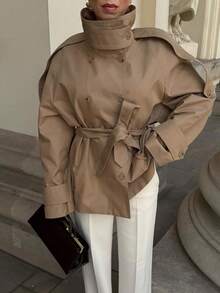 Women's Short Stand Collar Trench Coat, Long Sleeve Button Front Woven Fabric Jacket, Autumn/Winter Fashion Choice - Khaki - View 8