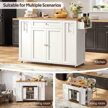 Flieks Kitchen Island On Wheels With Foldable Countertop, Mobile Kitchen Cart With 3-Tier Vertical Drawers, 2 Door-Mounted Racks And Lockable Casters, 120 * 45(70) * 87 Cm - White and Natural - View 8