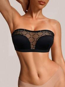 Women's Shiny Fabric Patchwork Comfortable Strapless Bra, Elegant Sexy Bandeau Lingerie - Black - View 5