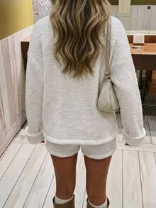 Unadoll Women's Autumn/Winter White Textured Knit 2 Pieces Set, Elegant Basic High Neck Top + Shorts Outfit, Suitable For Back To School And Daily Wear - White - View 9