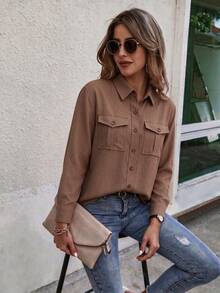 Coffee Brown Solid Color Long Sleeve Single Breasted Casual Utility Pocket Shirt Cotton Feel Comfortable Blouse Daily Wear Commute - Coffee Brown - View 7