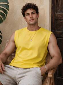 Men's Solid Color Round Neck Casual Versatile Tank Top - Yellow - View 1