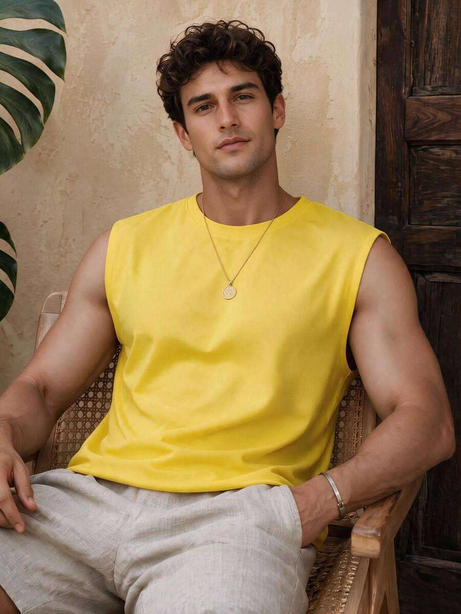Men's Solid Color Round Neck Casual Versatile Tank Top - Yellow - View 1