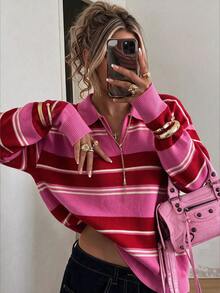 Women's Casual Regular Fit Retro Collegiate Style Colorblock Striped Long Sleeve Polo Neck Pullover Knit Sweater, Suitable For Outings And Back To School, 2026 Autumn/Winter - Red - View 1