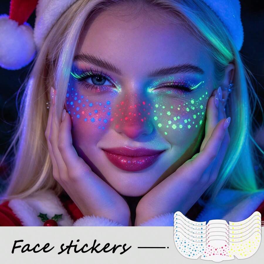 6Pcs Christmas Glow In Dark Freckle Face Stickers, UV Fluorescent Star Dot Temporary Face Tattoos, Waterproof Sparkle Face Makeup Patches For Xmas Party, Rave, Festival Cosplay