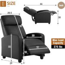 1 Pieza Silla Reclinable de Piel Sintética Negra, Sillón Individual con Respaldo Acolchado, Soporte Lumbar y Reposabrazos Empotrables, Diseño Ergonómico de 2 Posiciones para Sala de Estar, Oficina y Cine en Casa - Negro - Ver 3
