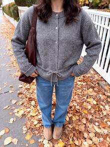 Women's Casual Front Button Knit Cardigan, Striped Crew Neck Drawstring Sweater, Suitable For Autumn/Winter Halloween Thanksgiving Christmas - Dark Grey - View 4