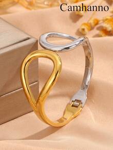 Camhanno 1pc Women's Geometric Double Circle Spring Bracelet - Stainless Steel With 18K Gold Plated , Simple And Premium Everyday Accessory - Multicolor - View 7