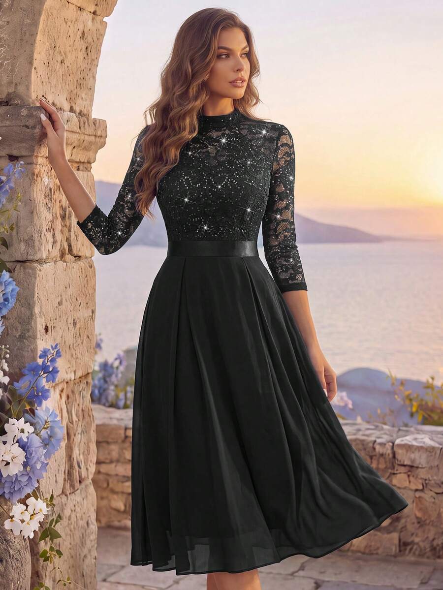 MIUSOL Sequin Floral Lace Fake Collar 3/4 Sleeve Chiffon Pleated Hem Ball Party Full Skirt, Elegant Women's Party Dress, A-Line Skirt