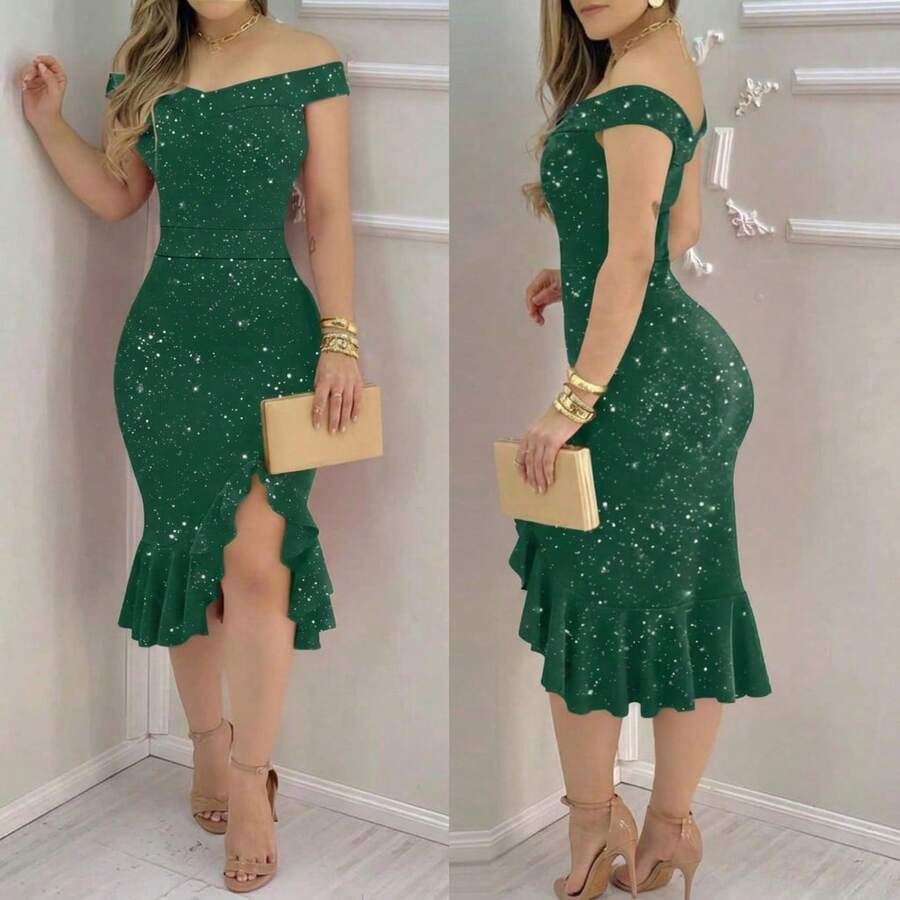 ChicMe 露肩串珠荷葉邊修身中長洋裝，性感派對優雅時尚穿搭