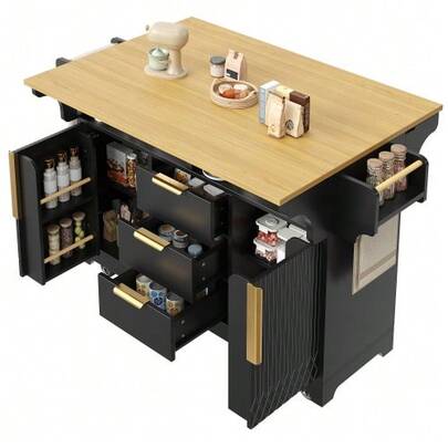 Multifunctional Kitchen Island With Freely Positionable Extendable Dining Table, Vertical Pattern Doors, Large Storage Space With Drawers, Double-Sided Folding Top, Kitchen Buffet/Sideboard On Casters