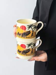 1pc Desert Camel Sunset Ceramic Mug, Middle Eastern Style Arabic Coffee Cup, Palm Tree Pattern Household Breakfast Cup, Water Cup, Tea Cup, Suitable For Brewing Coffee, Tea, Daily Use - Multicolor - View 5
