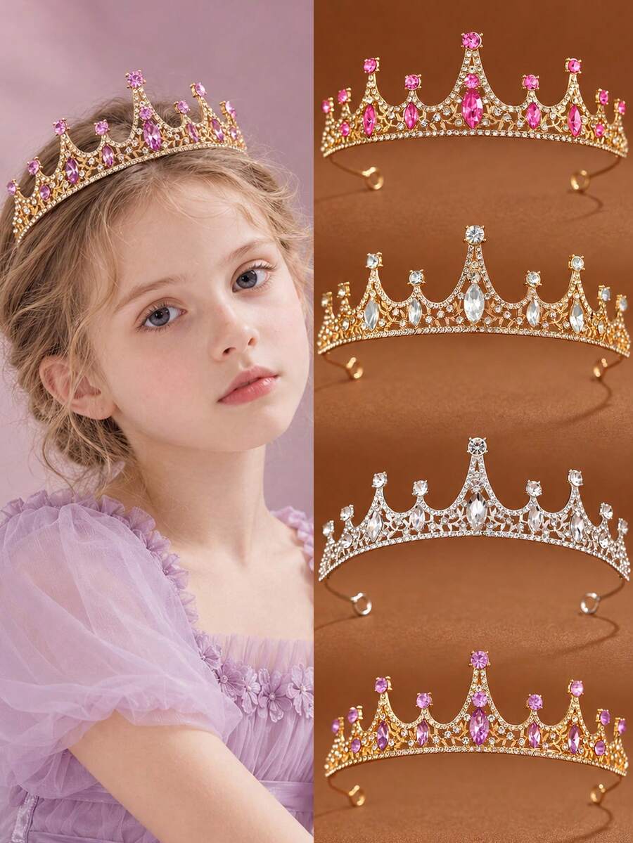 1pc Kids Girls Rhinestone Crown Tiara, Handcrafted Princess Headpiece For Birthday Party, Dress Up, Pageant, School Show, Photo Day, Holiday Gift - Multicolor - View 1