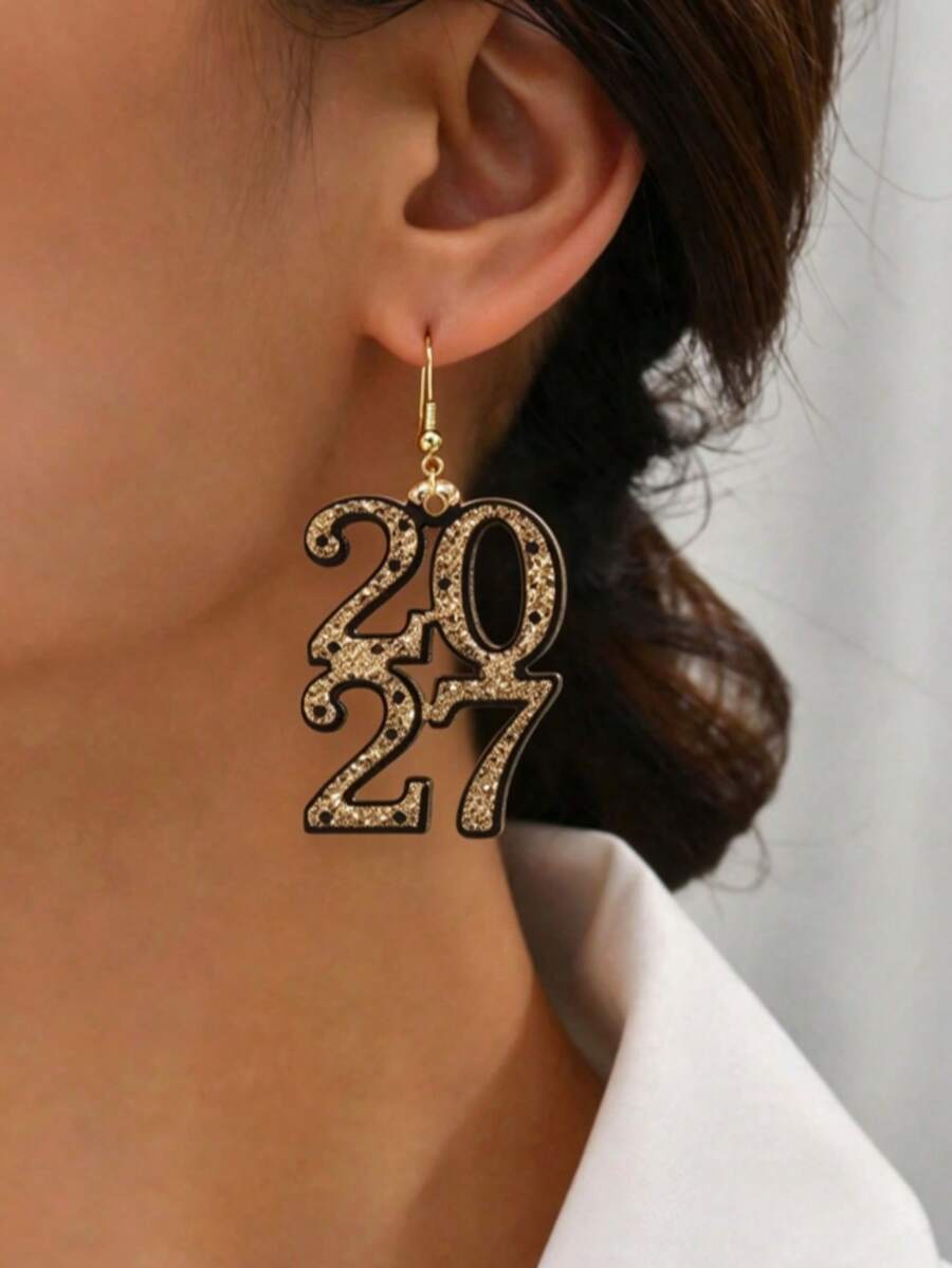 1對壓克力時尚極簡彩色亮片亮粉2027造型吊墜耳環,適合女性派對慶祝,新年女孩禮物 - 彩色 - 查看 1