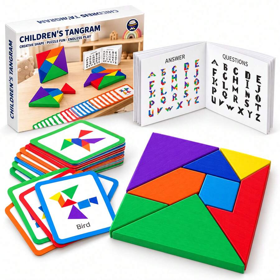 Bộ xếp hình Tangram bằng gỗ cho trẻ em, đồ chơi lắp ghép hình khối 7 miếng kèm 60 thẻ thử thách hai mặt và sách hướng dẫn đáp án