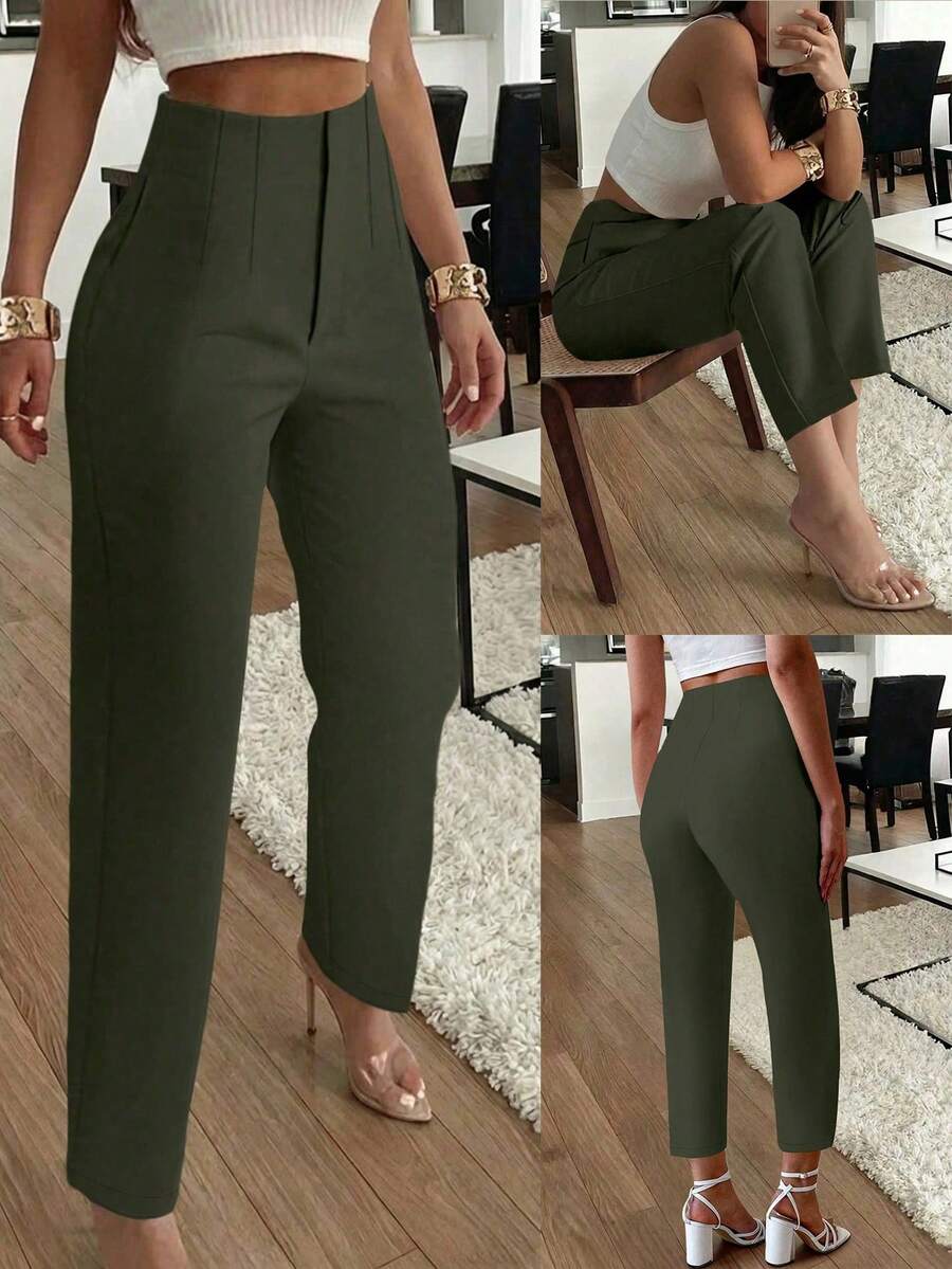 Pantalones largos elegantes para mujer con pliegues, bolsillos laterales y pierna cónica para ir al trabajo