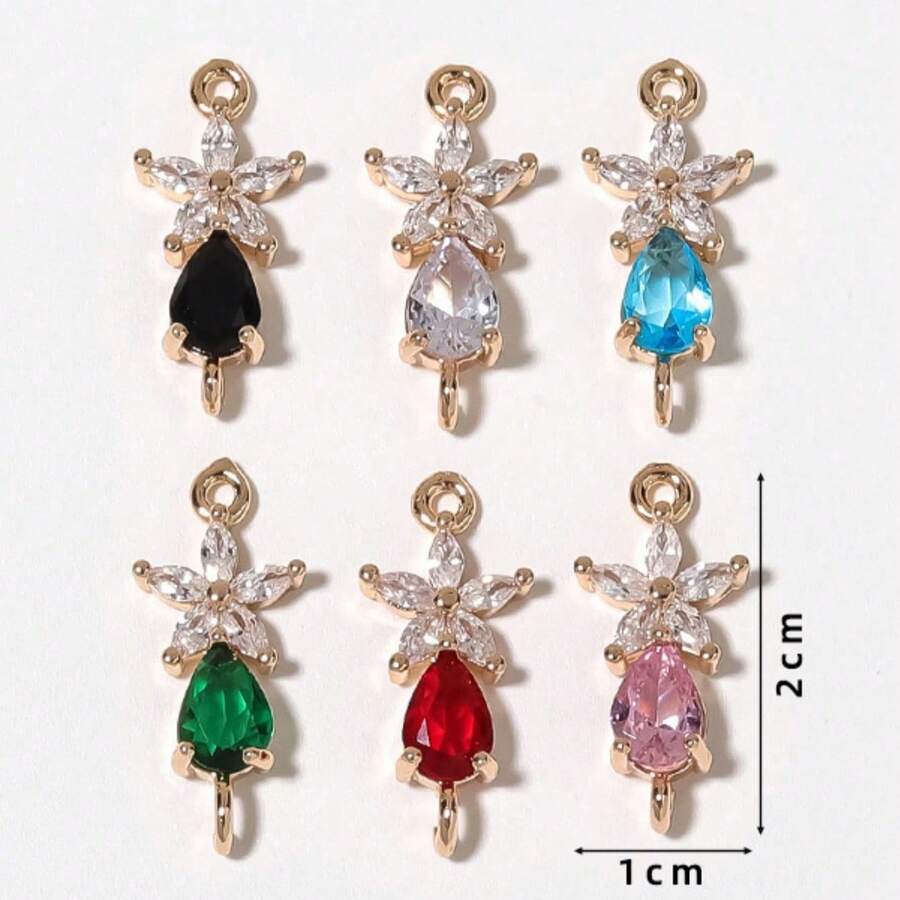 5/10pcs Copper Inlaid Colorful Zirconia Flower & Water Drop Double Pendant, Suitable For Handmade DIY Jewelry Making, Necklace, Bracelet, Earring, Bag Chain, Keychain, Key Chain, Clothing Zipper Accessory Charm - Multicolor - View 1
