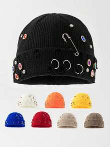 1pc Women's Y2K Colorful Rhinestone Distressed Pin Decor Knitted Hat, Outdoor Thick Warm Brimless Beanie, Suitable For Street Outdoor Punk Hip-Hop - Multicolor - View 7