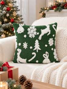 1pc/2pcs Green Chenille Christmas Icon Quilted Pillowcase, Reindeer Snowflake Tree Pattern, Embroidered Cushion Cover, Farmhouse Christmas Blanket Pillowcase, Suitable For Sofa, Living Room, Living Room Fireplace, Holiday Winter Home Decor, 18x18 Inches, Pillow Insert Not Included - Green - View 8
